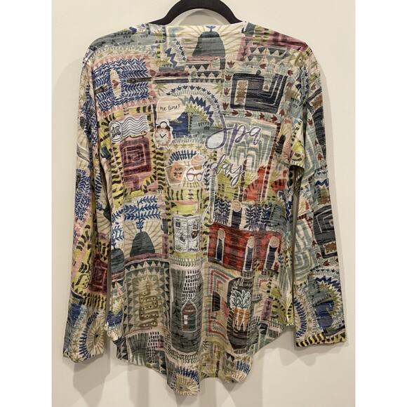 Inoah Art To Wear Women Oversized Artsy “Spa Day” Pattern Tunic Shirt Boho Sz S - Picture 6 of 11
